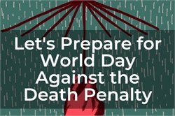 [ai] An illustration of a red umbrella with rain falling, overlayed with the text 'Let's Prepare for World Day Against the Death Penalty.' The background features a green pattern.